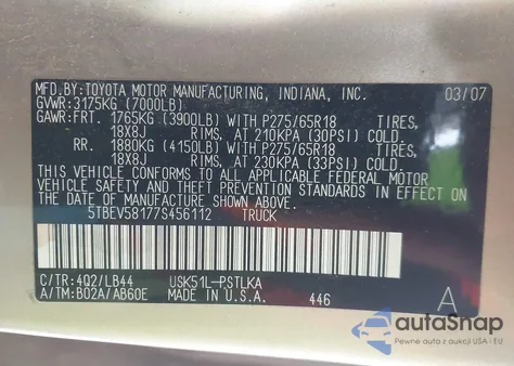 2007 Toyota Tundra Limited 5.7L V8 z USA, uszkodzony, nr VIN 5TBEV58177S456112
